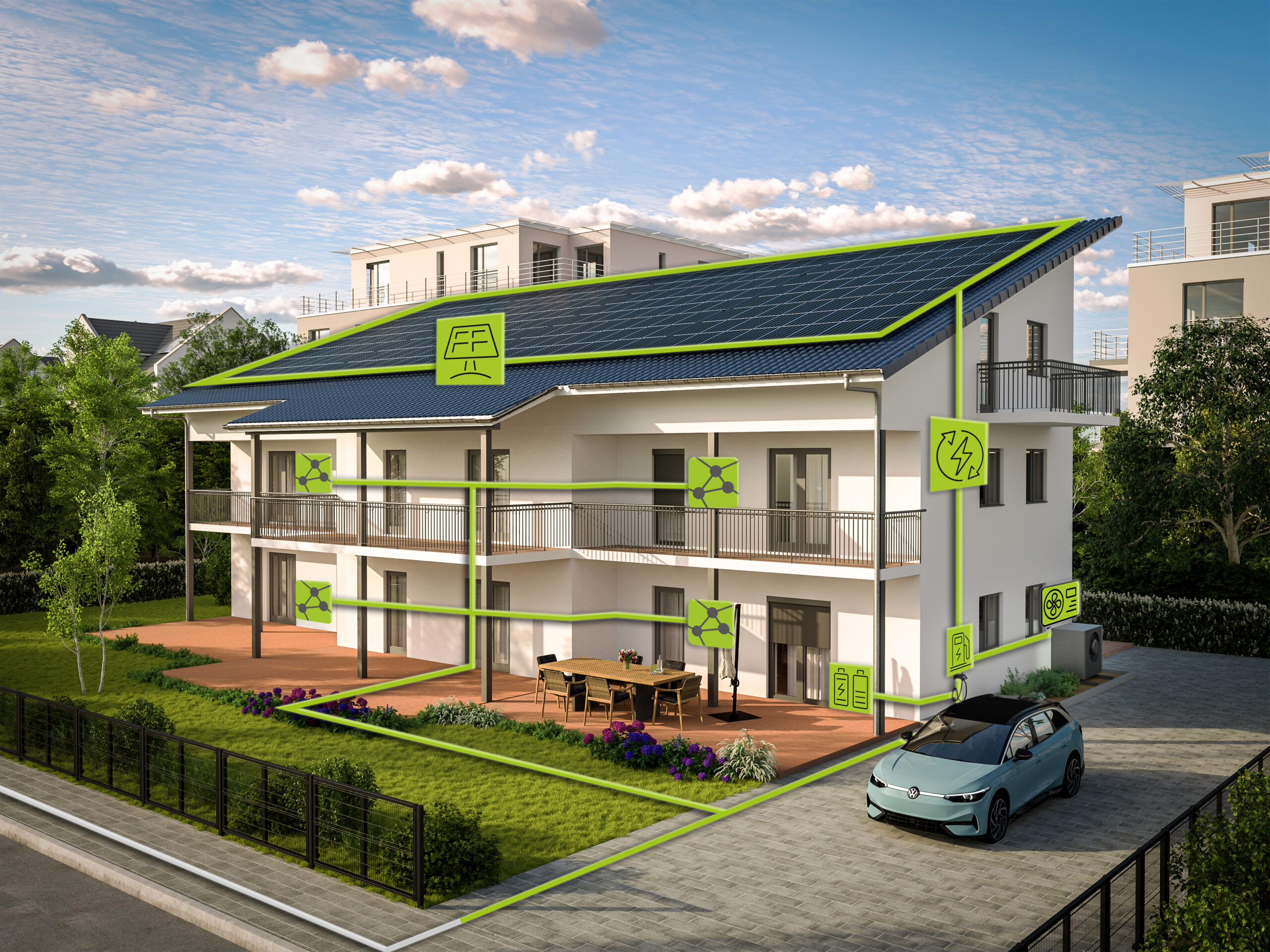 Ein Mehrfamilienhaus mit schematischem Energie-Konzept