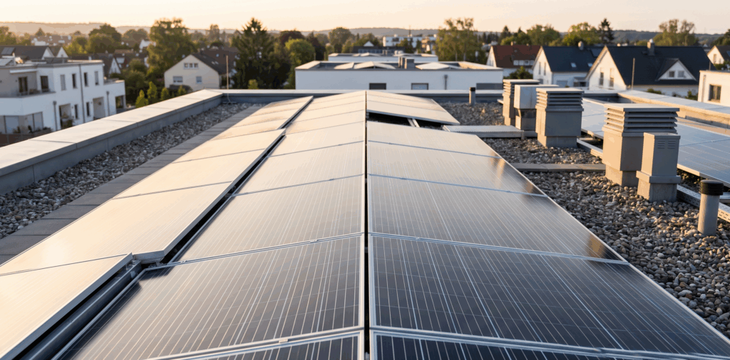 Flachdach-Photovoltaikanlage auf einem Mehrfamilienhaus in der Abendsonne zur Vor-Ort-Stromverteilung trotz Wegfall der Einspeisevergütung ab 2027.
